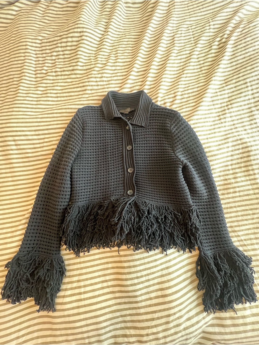 Zara Black Fringed Button-Up Knit Cardigan